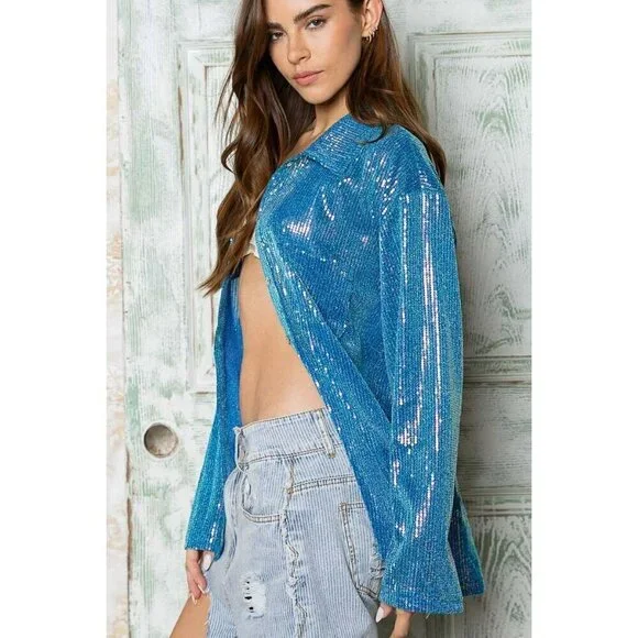 Life's a Party Sequin Button-Up Shirt in Ocean Blue - Picture 5 of 10